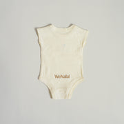 WeNatal x Tabeeze Bottom Up Bodysuit featuring a logo, designed for easy diaper changes with patented shoulder snaps, suitable for babies aged 3-6 months.